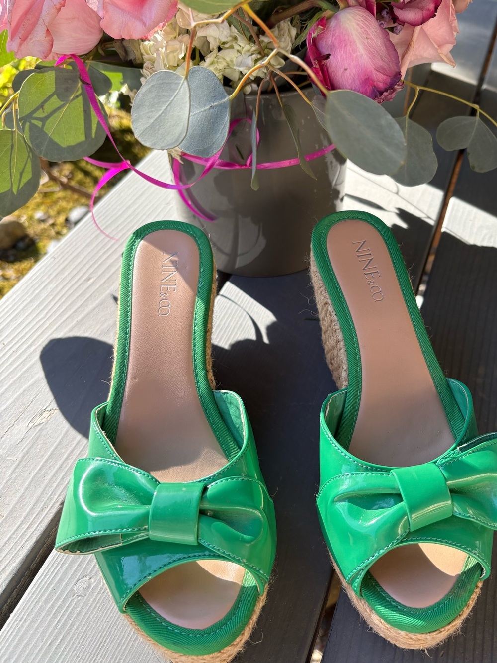 Nine & Co. Green Patent Bow Green Wedge Espadrille Mule Slides